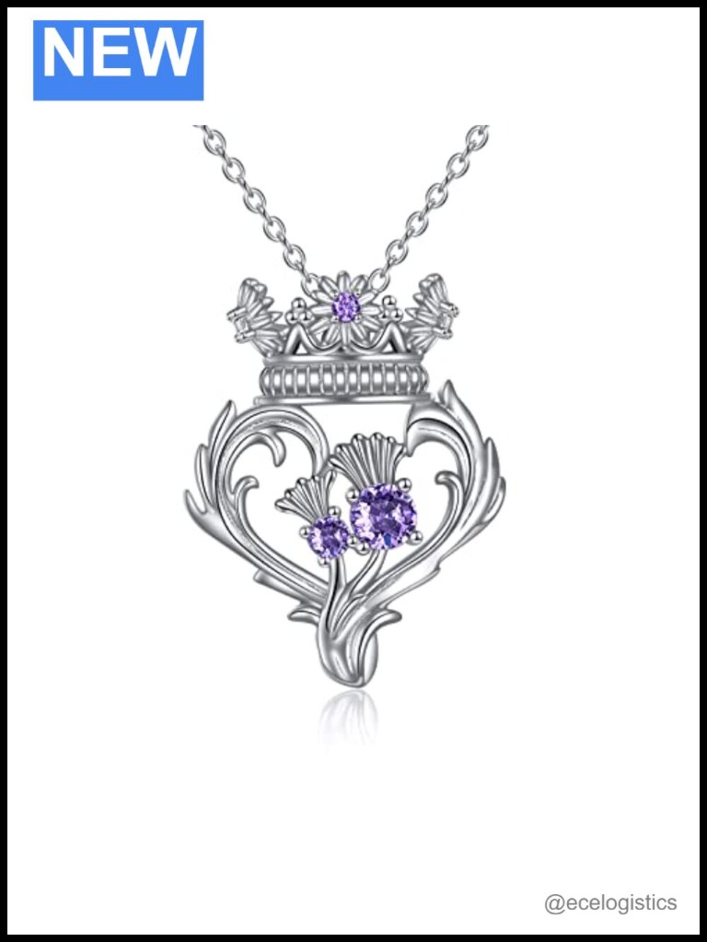 Sterling Silver Thistle Amethyst Crown Pendant Necklace